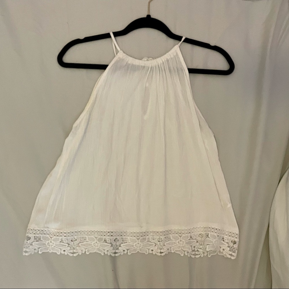 White high neck blouse with lace trim